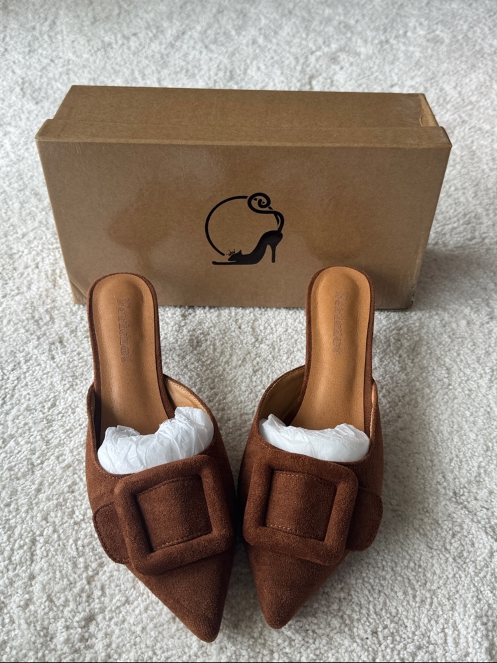 Fericzot Pointed Toe Brown Suede Mules with Buckle